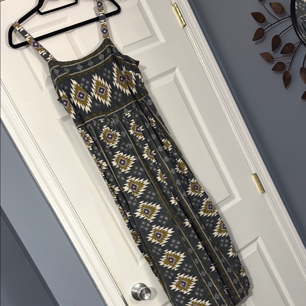 Sonoma Gray and Mustard Aztec-Print Midi Dress